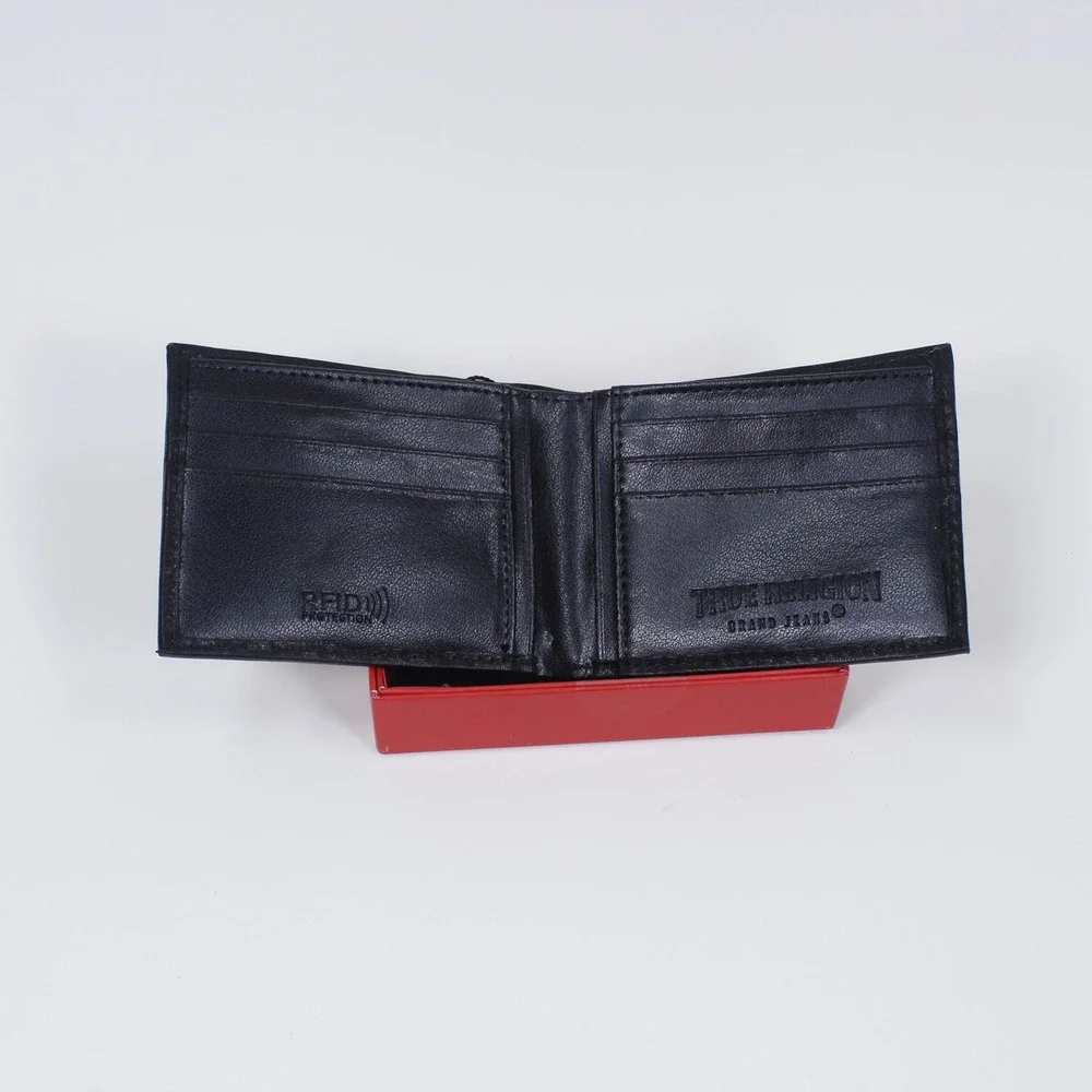 True Religion Men's Black Leather Bifold Wallet Matte Black Logo Plate Rfid Nib